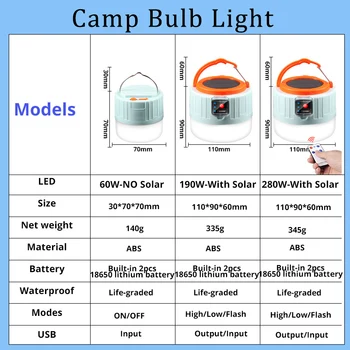 280 W USB-Opladning Telt-Lampe Solar LED-Lys Udendørs Vandtæt Camping Bærbare Lanterne Lommelygte Nat Lys Dropshipping Ny