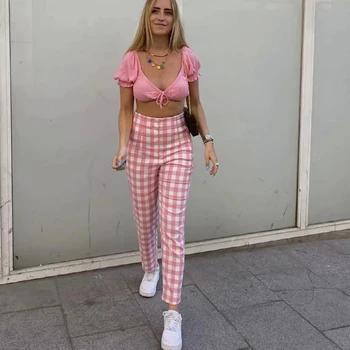 Mode Pink Plaid Afslappet Kvinder Bukser Med Høj Talje Smarte Sommer Lange Bukser Lige Alle-Match Kontor Dame Elegante Bukser