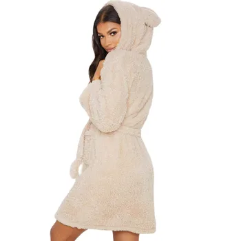2021 Vinter Kimono Kjole Plys Fleece Flosset Badekåber For Kvinder Blød Varm langærmet Hætteklædte Nat-robe Loungewear Pyjamas