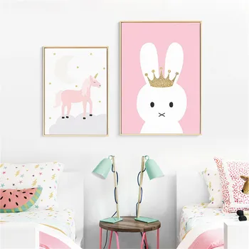 Tegnefilm børneværelset Dekoration Maling Pink Pige Pige Soveværelse Hængende Maleri Dejlige Kanin Pony Dyr vægmaleri