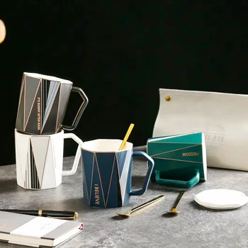 Ny Europæisk Stil Krus Med Låg Ske Ottekantede Rhombus Kop Kaffe Kreative Guld Spole, Keramisk Kop