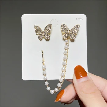 Elegant Bling Bling Rhinestone Butterfly Stud Øreringe til Kvinder, Piger 2021 Koren Stil Pearl Kæde Øreringe Smykker Gaver