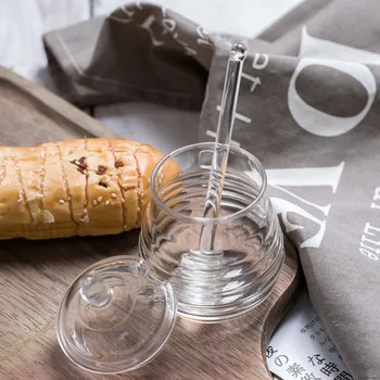 Luksus Gennemsigtigt Glas Honning Krukke Med Låg Og Dipper Køkken Gadget Dipper Stick Sirup Dispenser Server Keuken Accessoires