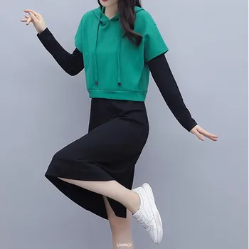 UHYTGF Elegante Studerende Forår To-delt Sæt Kvinders Mode Hooded Sweatshirt Toppe Med Base Kjole Suit Female 5XL Plus Size 1267
