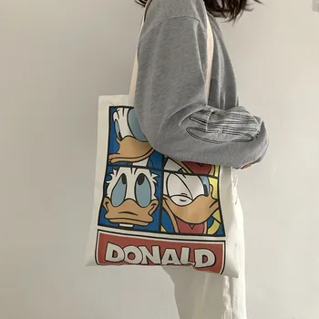 Kvinders Donald Duck Lærred Tote Tasker koreanske Studerende Skulder Bomuld Klud Shopping Taske Foldbar Shopper Taske Taske til Piger