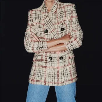 TRAF Kvinder 2020 Mode Dobbelt Breasted Tweed Ind Blazere Vintage Pels Lange Ærmer, Lommer Kvindelige Overtøj Streetwear